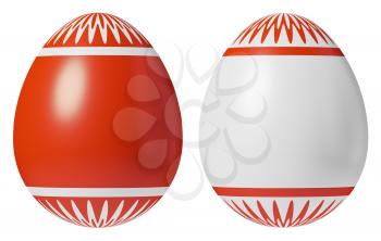 Two Easter eggs, white and red, painted with red simple decor with copy-space isolated on white background, decoration elements for Easter holiday, easter symbol 3D illustration