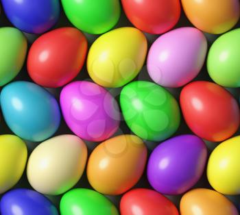 Multi colored Easter eggs colorful seamless background with many different colored painted eggs, top view, 3D illustration