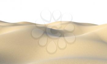 Smooth sand dunes with hills under bright summer sunlight isolated on white background, natural 3D illustration
