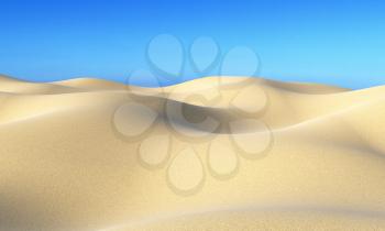 Smooth sand dunes with hills under bright summer sunlight under clear blue sky, natural 3D illustration