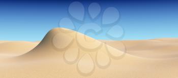 Smooth sand hill under clear blue sky under bright summer sunlight, natural 3D illustration.