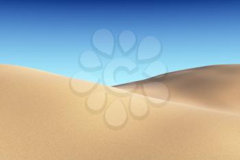 Smooth sand dunes under clear blue sky under bright summer sunlight, natural 3D illustration.