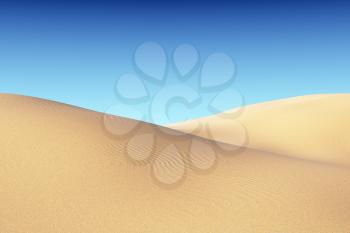 Smooth sand dunes with waves under clear blue sky under bright summer sunlight, natural 3D illustration.