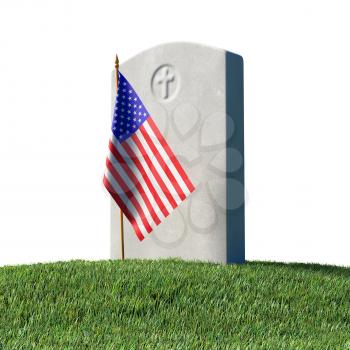 Gray blank headstone and small American flag on green grass field in memorial day under sun light isolated on white background, Memorial Day concept 3D illustration