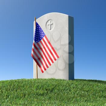 Gray blank headstone and small American flag on green grass field in memorial day under sun light under clear blue sky, Memorial Day concept 3D illustration