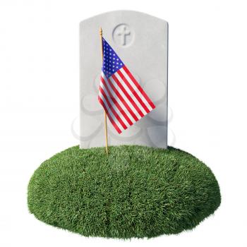 Small American flag and gray blank headstone on green grass islet in memorial day under sunlight isolated on white background, Memorial Day concept sign, 3D illustration