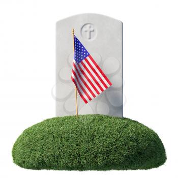 Small American flag and gray blank headstone on green grass islet in memorial day under sun light isolated on white background, Memorial Day concept sign, 3D illustration