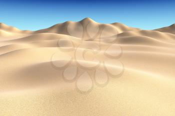 Smooth sand dunes and hills under clear blue sky under bright summer sunlight, natural 3D illustration.