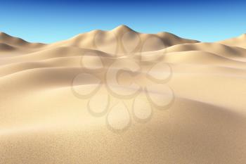 Smooth sand dunes and hills under bright summer sunlight under clear blue sky, natural 3D illustration