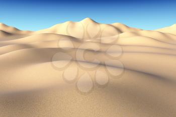 Smooth sand hills and dunes under bright summer sunlight under clear blue sky, natural 3D illustration.