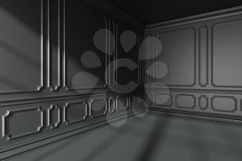 Empty black room interior with sun light from window with black decorative classic style molding frames on walls, with flat ceiling, floor and baseboard, 3d illustration