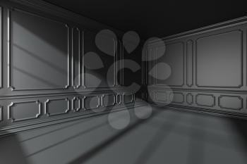 Black empty room interior with sunlight from window with black decorative classic style molding frames on walls, with flat floor, ceiling and baseboard, 3d illustration