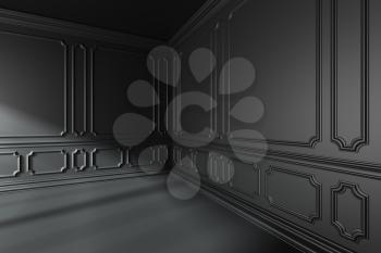 Empty black room interior with sunlight from window with black decorative classic style molding frames on walls, with flat floor, ceiling and baseboard, 3d illustration