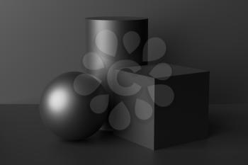Abstract geometric platonic solids figures low key black still life composition. Three-dimensional cube, cylinder and sphere black objects with shadows on black background. Simple 3d render illustration