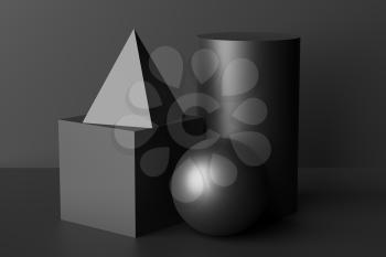 Abstract geometric platonic solids figures low key black still life composition. Three-dimensional pyramid, cube, cylinder and sphere black objects with shadows on black background. Simple 3d render illustration