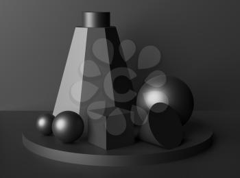 Abstract geometric platonic solids figures low key black still life composition. Three-dimensional pyramids, cube, cylinder and spheres black objects with shadows on black background. Simple 3d render illustration