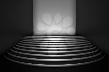 Stage with black round stairs in empty black room in the dark, wide angle, front view, abstract architectural 3D illustration