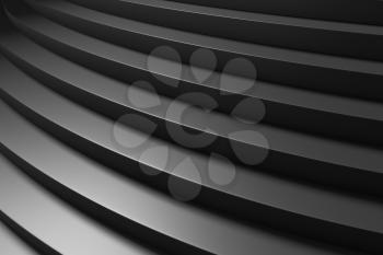 Black round ascending stairs of upward staircase with shadows from soft light close-up view, 3d illustration, abstract black background