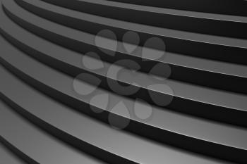Round black ascending stairs of upward staircase with shadows from soft light close-up view, 3d illustration, abstract black background