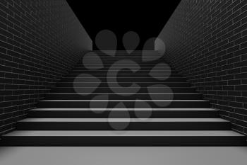 Black staircase with black stairs and brick walls in underground passage going up in the dark, 3d illustration