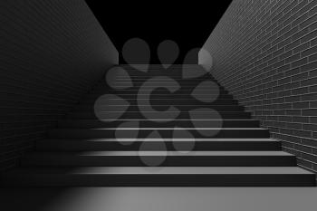 Black staircase with black stairs and brick walls and shadow in underground passage going up in the dark, 3d illustration