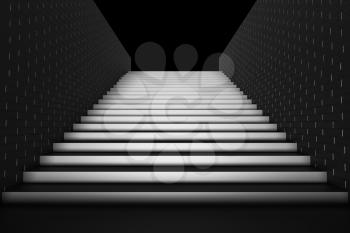 Black long staircase with black stairs and brick walls in underground passage going up in the dark, 3d illustration