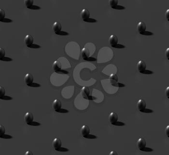 Many black chicken eggs with shadow on black colorless isometric seamless background, achromatic black background, 3D illustration.