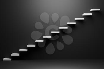 White ascending stairs of rising staircase going upward in black empty room, abstract 3D illustration. Business growth, progress way and forward achievement in the dark creative concept.