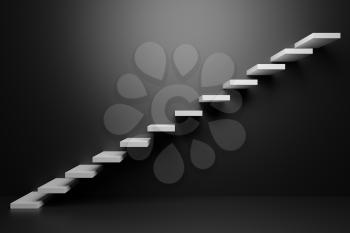 White ascending stairs of rising staircase going upward in black empty room, 3D abstract illustration. Business growth, progress way and forward achievement in the dark creative concept.