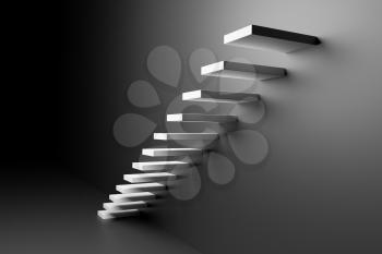 White ascending stairs of rising staircase going upward in black empty room, abstract black 3D illustration. Business growth, progress way and forward achievement in the dark creative concept.