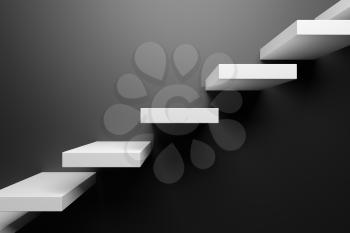 Ascending white stairs of rising staircase going upward in black empty room, black abstract 3D illustration. Business growth, progress way and forward achievement in the dark creative concept.