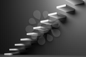 Ascending white stairs of rising staircase going upward in black empty room, abstract 3D illustration. Business growth, progress way and forward achievement in the dark creative concept.