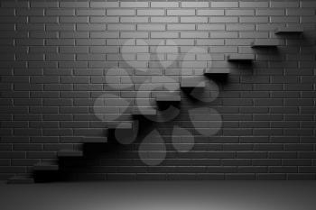 Black ascending stairs of rising staircase going upward in black empty room with brick wall in the dark, abstract 3D illustration.