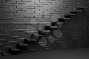 Black ascending stairs of rising staircase going upward in empty black room with brick wall in the dark, abstract 3D illustration