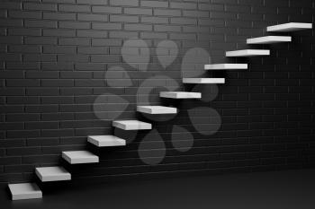 White ascending stairs of rising staircase going upward in empty black room with brick wall in the dark, abstract 3D illustration