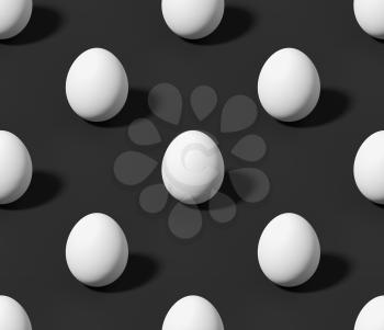 White chicken eggs on black colorless seamless isometric background, achromatic black background, 3D illustration.