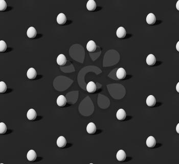 Many whitechicken eggs with shadow on black colorless seamless isometric background, achromatic black background, 3D illustration