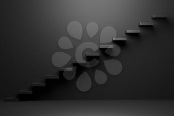 Black ascending stairs of rising staircase going upward in black empty room, abstract 3D illustration. Business growth, progress way and forward achievement problems in the dark creative concept.
