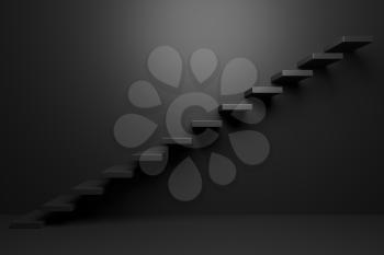 Black ascending stairs of rising staircase going upward in black empty room, 3D abstract illustration. Business growth, progress way and forward achievement problems in the dark creative concept.
