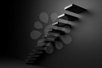 Ascending black stairs of rising staircase going upward in empty black room, abstract 3D illustration. Business growth, progress way and forward achievement problems in the dark creative concept.