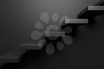 Ascending black stairs of rising staircase going upward in empty black room, 3D abstract illustration. Business growth, progress way and forward achievement problems in the dark creative concept.