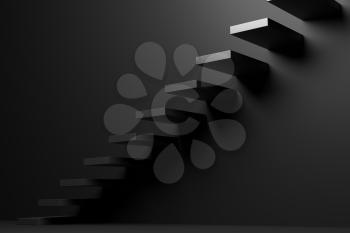 Ascending black stairs of rising staircase going upward in black empty room, abstract 3D illustration. Progress way, business growth and forward achievement problems in the dark creative concept.