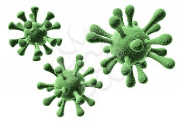 Microscopic view of pathogen respiratory influenza corona virus cells isolated on white background. Coronavirus 2019-nCov, COVID-19 SARS, SARSCoV, flu outbreak concept, 3D illustration.