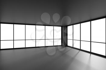 Black empty business office room with black floor, ceiling and walls and sunlight from large windows and empty space black colorless business architecture office room 3d illustration