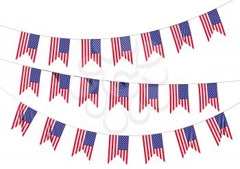 Strings of American flags decorative hanging bunting, bright USA patriotic flags garlands. Independence day, 4th of July holidays decoration 3D illustration