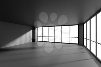 Empty black office business room with black floor, ceiling and walls and sunlight from large windows and empty space black colorless business architecture office room 3d illustration