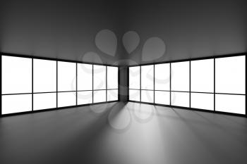 Empty black office business room with black floor, ceiling and walls and sun light from large windows and empty space black colorless business architecture office room 3d illustration