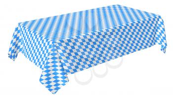 Bavarian rectangular tablecloth with blue-white checkered pattern isolated on white, diagonal view, traditional Oktoberfest festival decorations, 3d illustration
