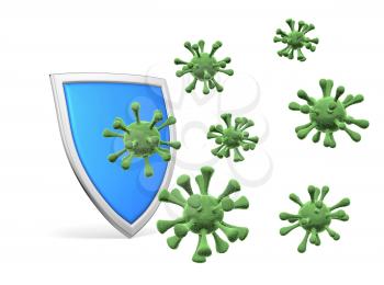 Shield protect form viruses and bacterias isolated on white background 3D illustration, COVID-19 coronavirus protection, medical health, immune system and health protection concept