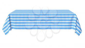 Oktoberfest rectangular tablecloth with blue-white checkered pattern isolated on white, front view, traditional Oktoberfest festival decorations, 3d illustration